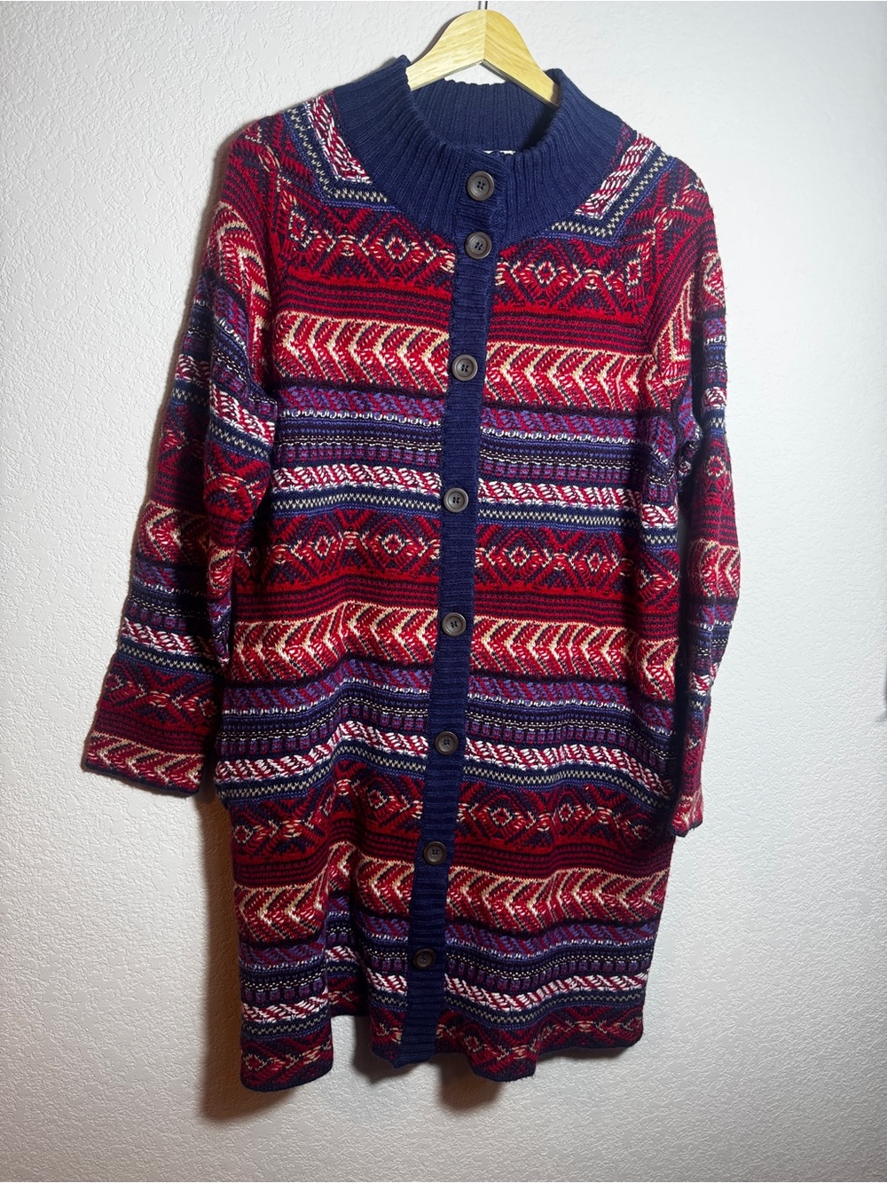 St John’s Bay Cardigan Women L Red Blue Fair Isle Nordic Long Sweater Coat